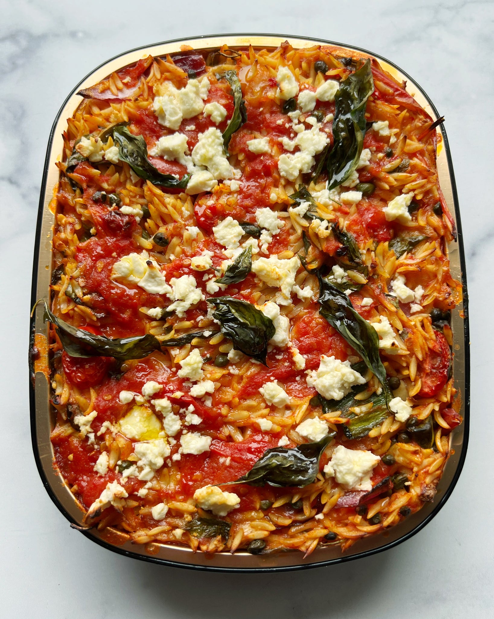 Baked Orzo with Cherry Tomatoes, Feta and Basil