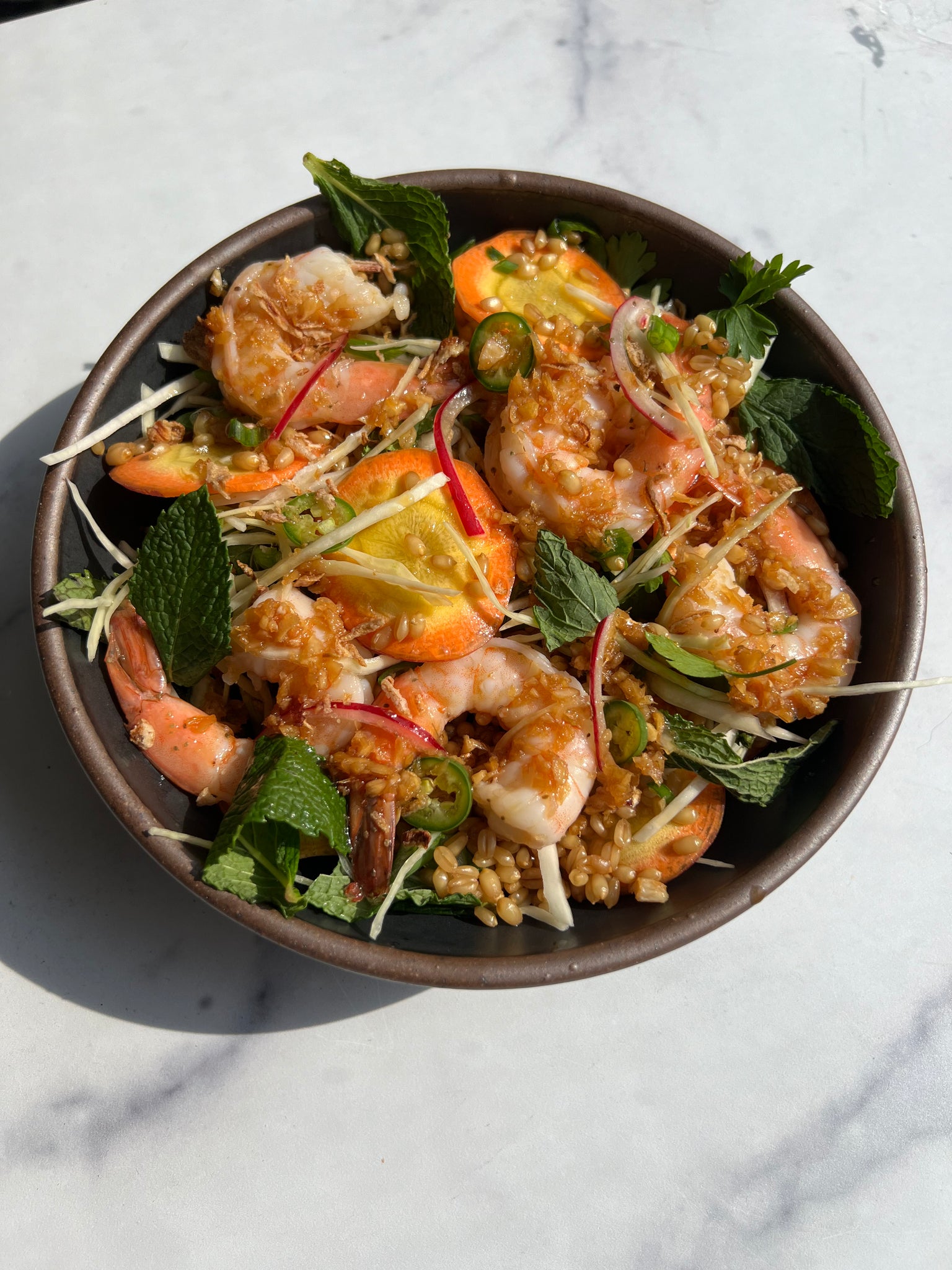 Crunchy Wheat Berry and Shrimp Bowl with Ginger Dressing