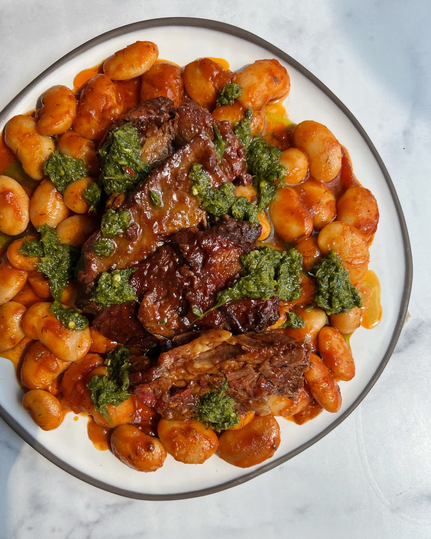 Pot Roast with Gigante Beans and Green Harissa