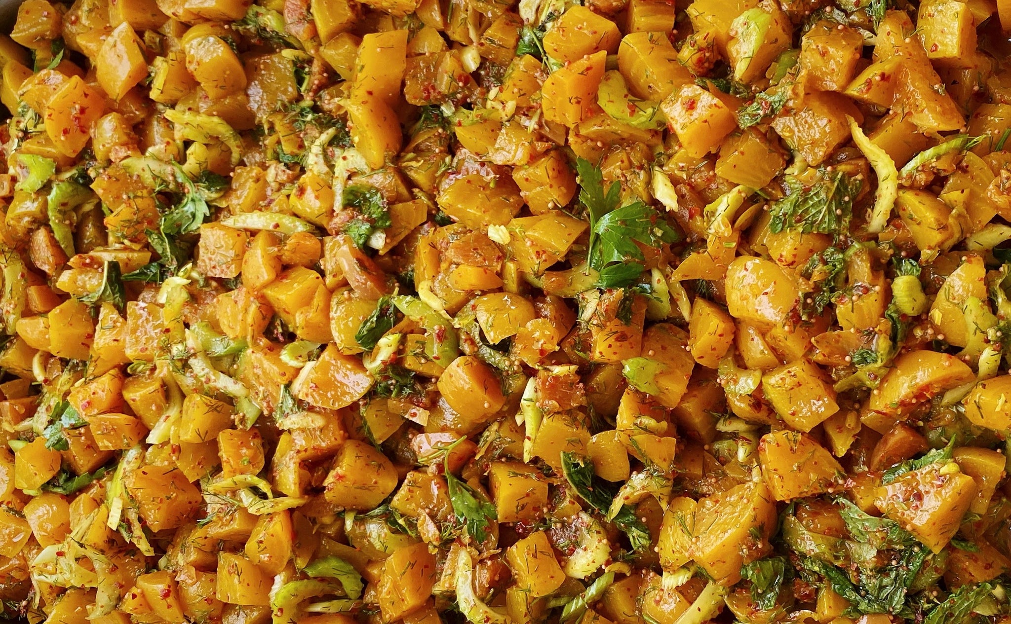 Golden Beets with Celery and Plum Mostarda