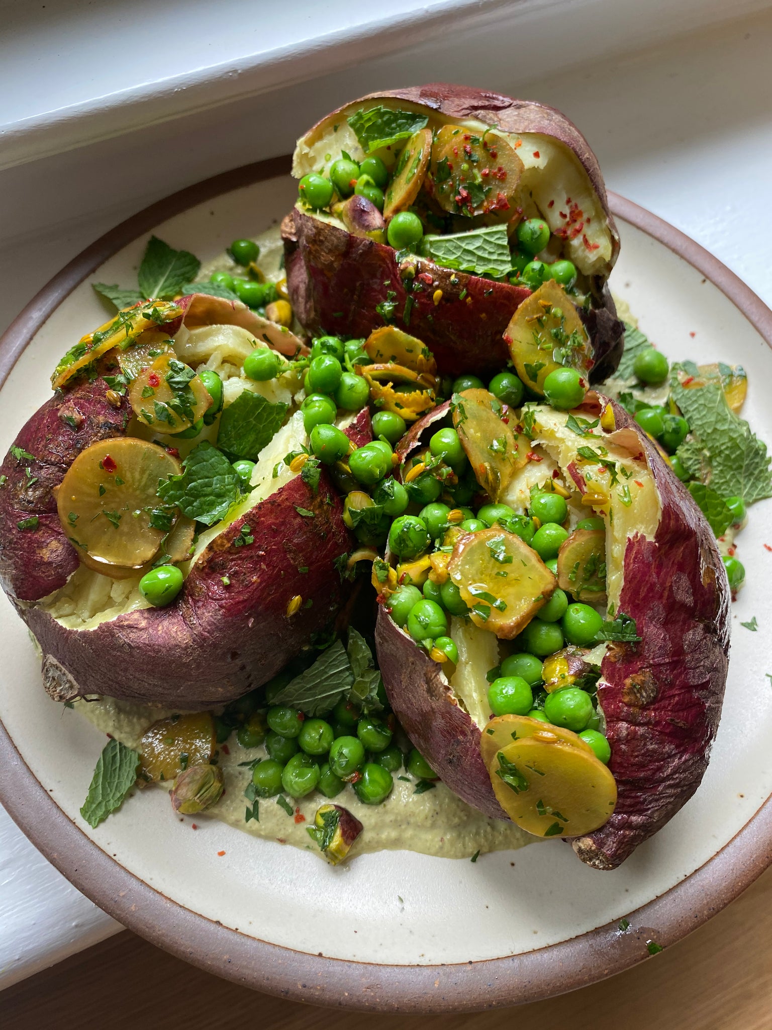 Murasaki Sweet Potatoes with Peas, Pistachios and Sunchokes