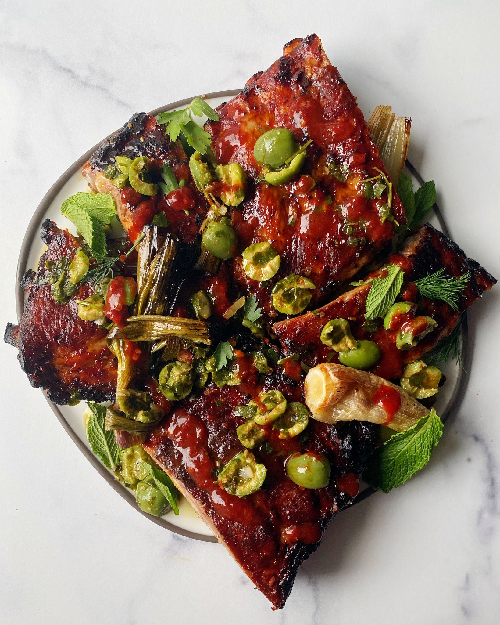 Guajillo BBQ Glazed Spare Ribs with Torn Olive Dressing