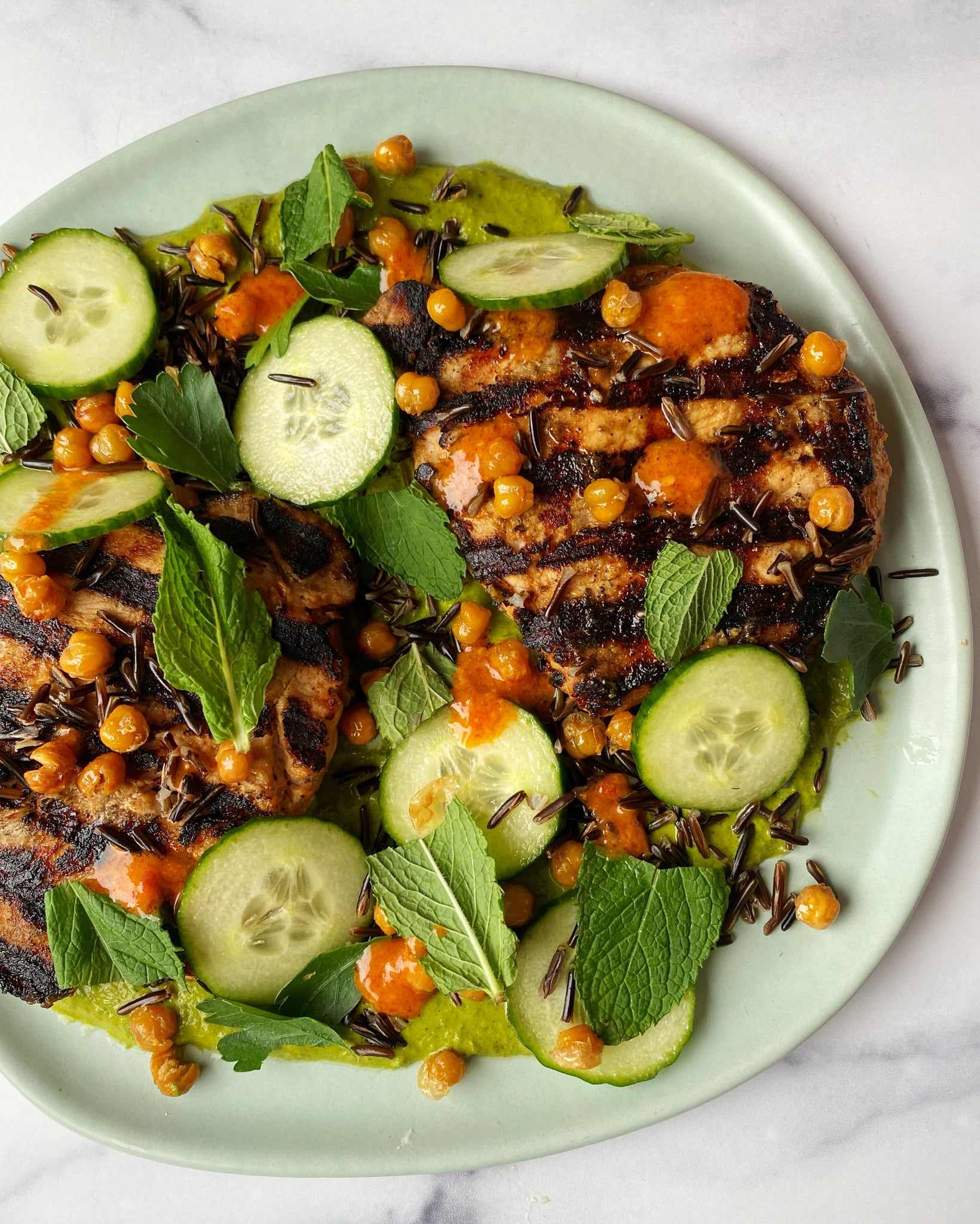 Tahini Grilled Pork Chops with Sesame Scallion Sauce