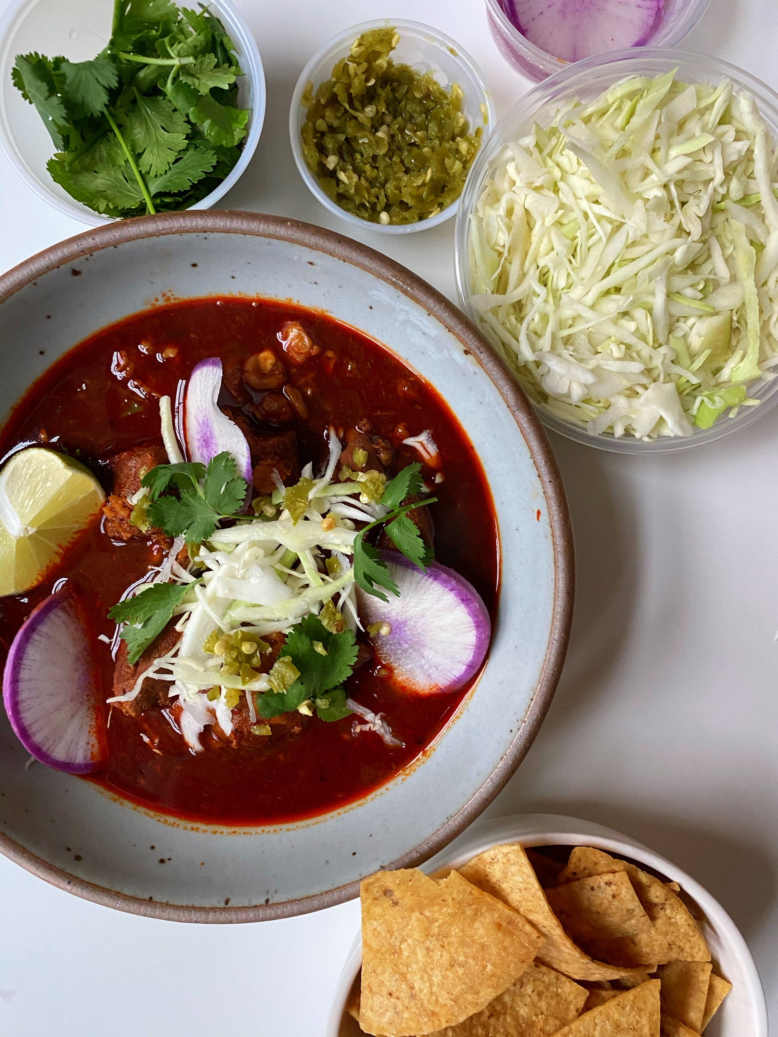 Pozole Rojo w/ Radishes, Cabbage and Fermented Chili