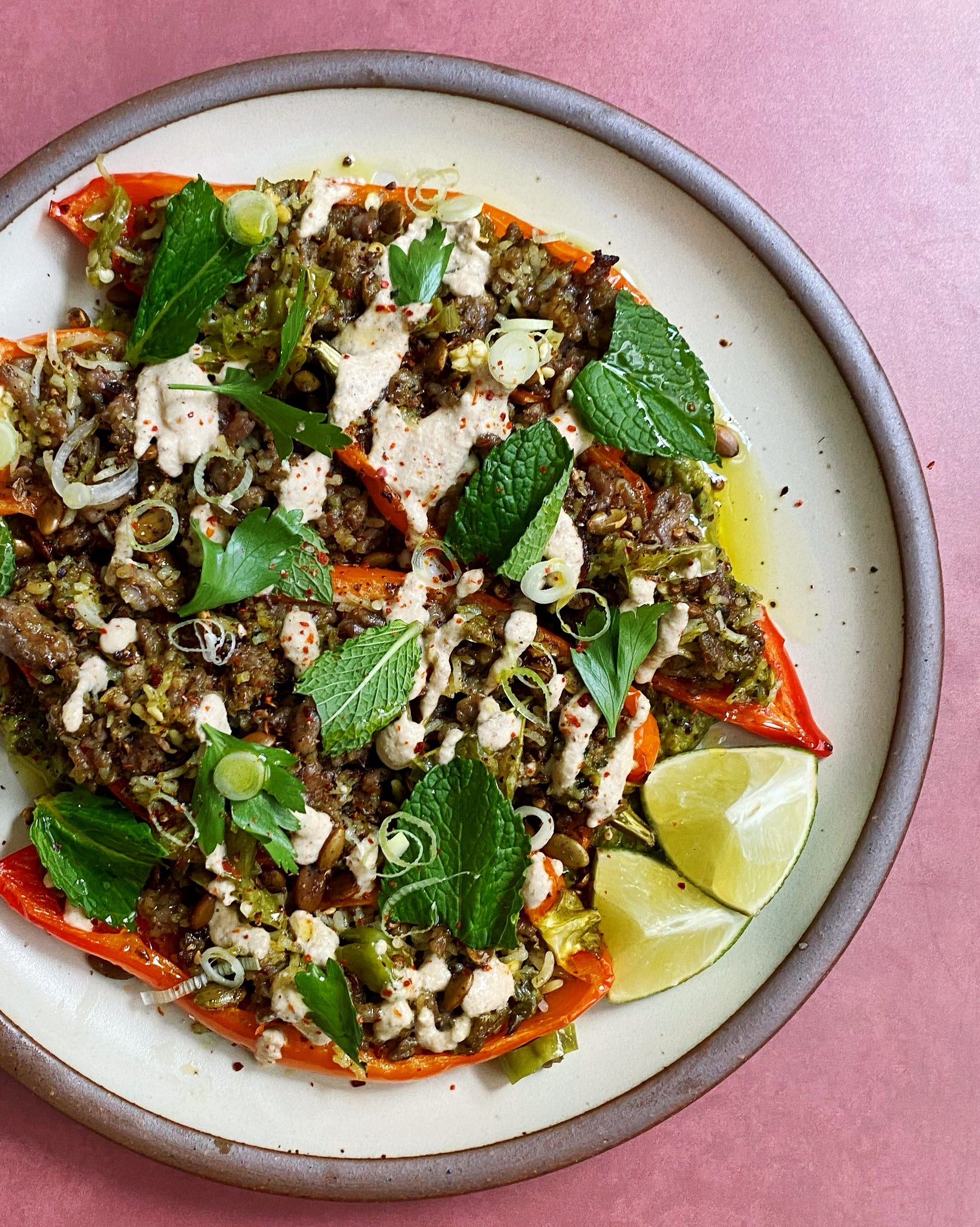 Green Chorizo Stuffed Peppers with Almond Aioli, Shishito Peppers, and Scallions