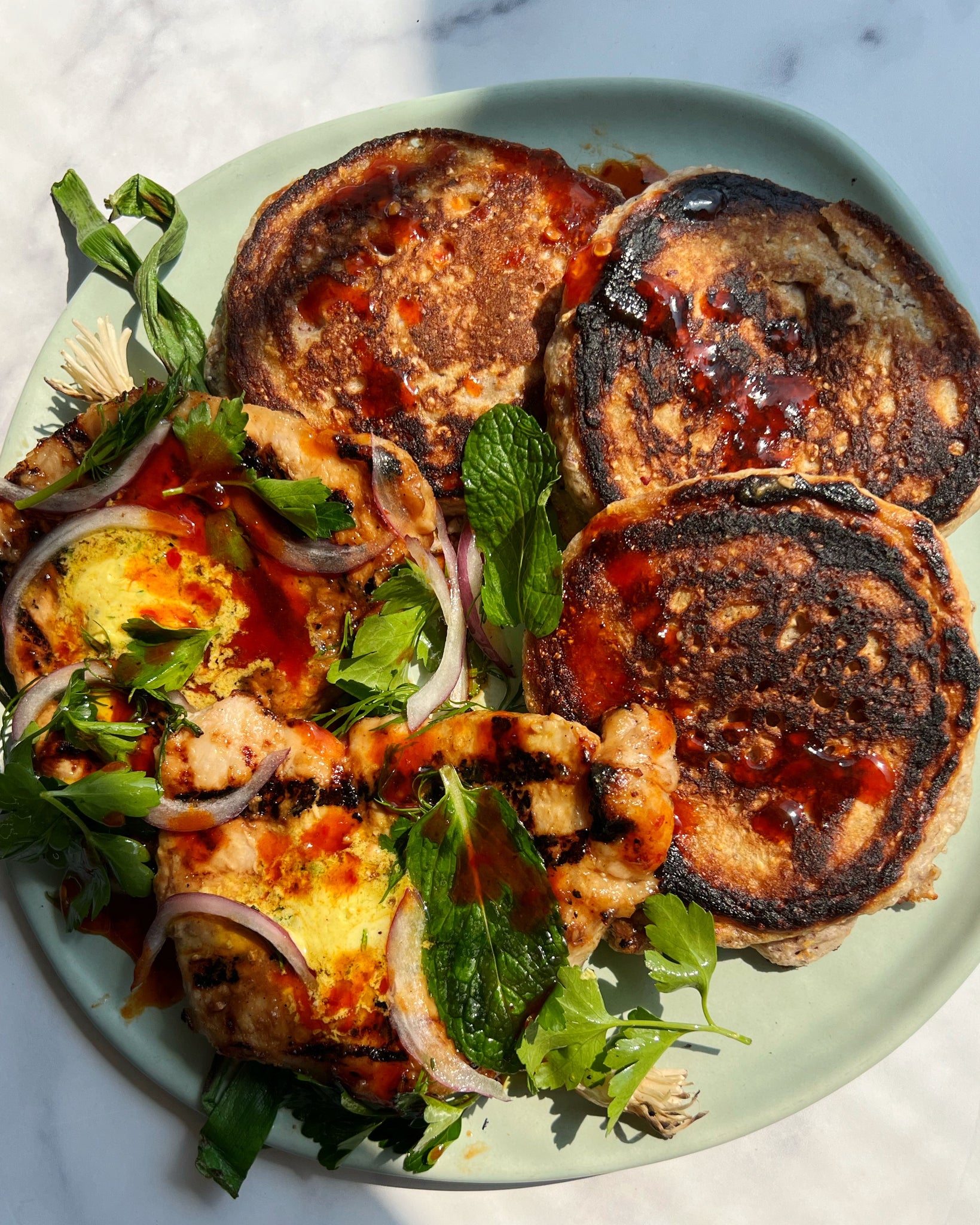 Miso Cured Pork Chops with Red Grits Pancakes